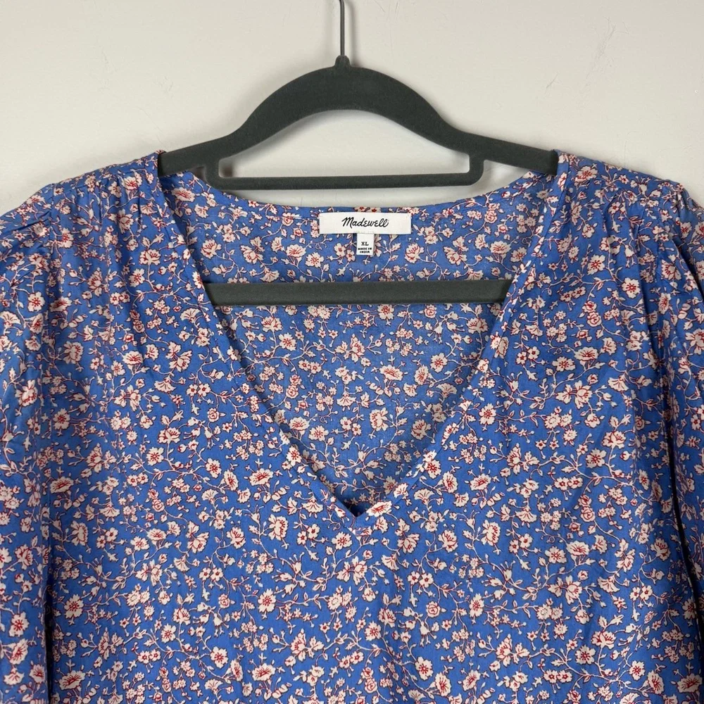 Madewell Floral Summer Vines Hermitage Blue Puff Sleeve VNeck Blouse Top Size XL